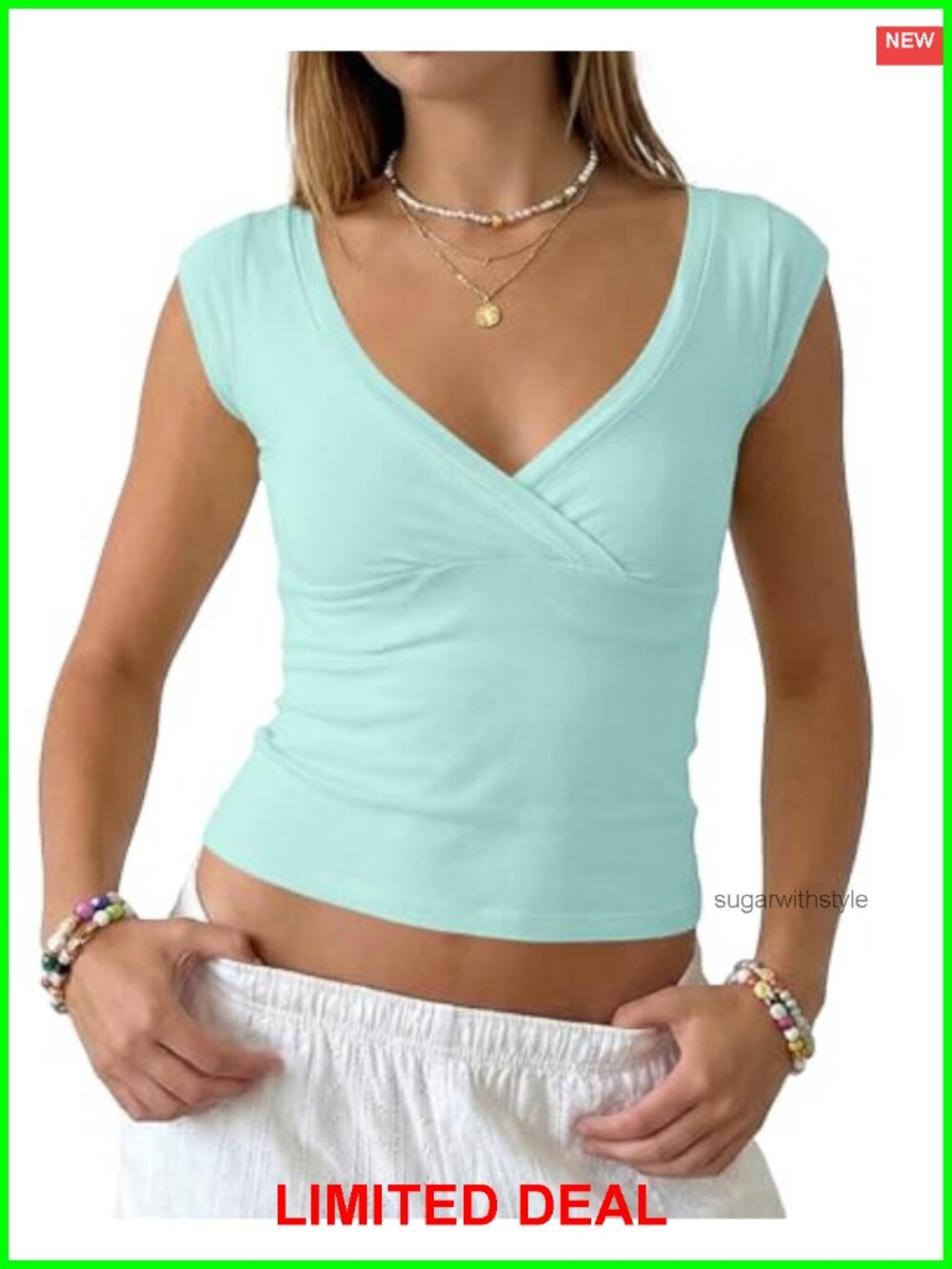 Women's Deep V Neck Wrap Crop Tank Top Cap Sleeve Slim Fit